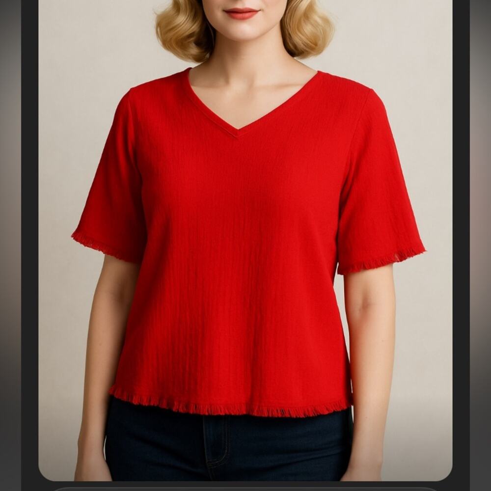 Red moussy fray tie back blouse top boho contemporary fall classic